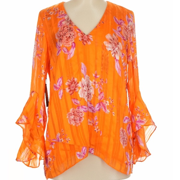NWT VINCE CAMUTO Orange Floral VNeck Semi Sheer Ruffle Sleeve Blouse Size Medium - Picture 2 of 4